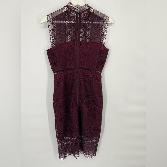 Bardot Mariana Dress in Burgundy Lace Overlay Crochet Cut Out High Neck 4 - Picture 6 of 13